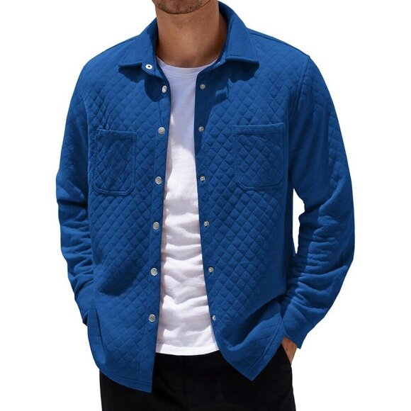 Mens Shacket Long Sleeve Shirt Jacket with Pockets Dark Blue Quilted Overshirt - Picture 1 of 5
